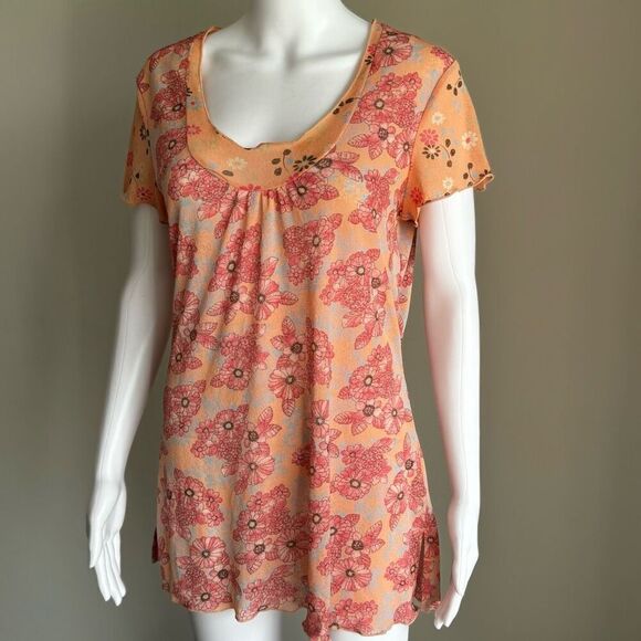 J. Jill Pink & Orange Floral Semi Sheer Mesh Lettuce Hem Scoop Neck Top - Picture 2 of 7